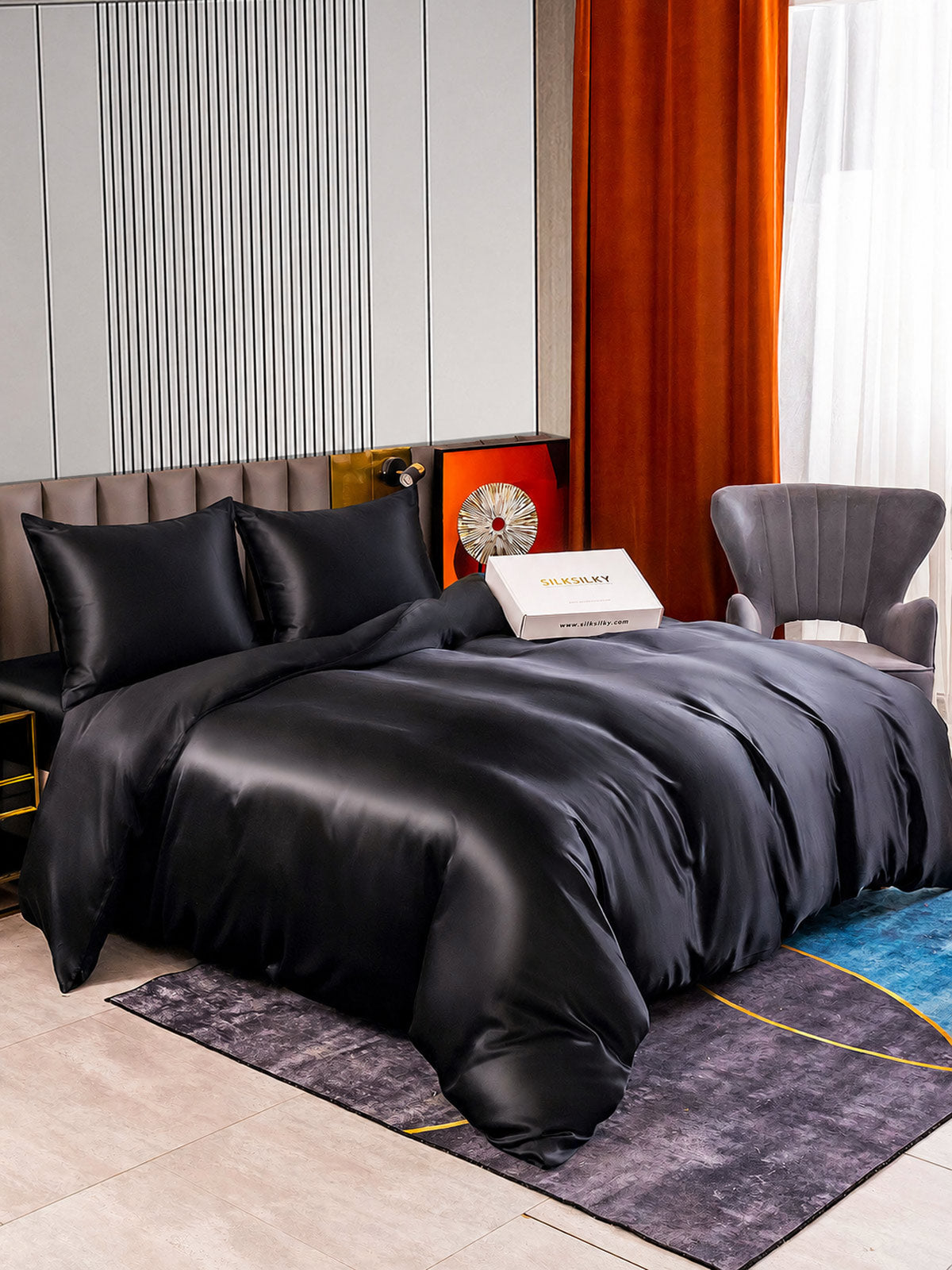 [Noir] SilkSilky-FR Parure de Lit Soie 002