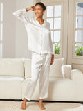 SilkSilky-FR Pure Soie Manches longues Revers Femme Pyjamas Blanc 005