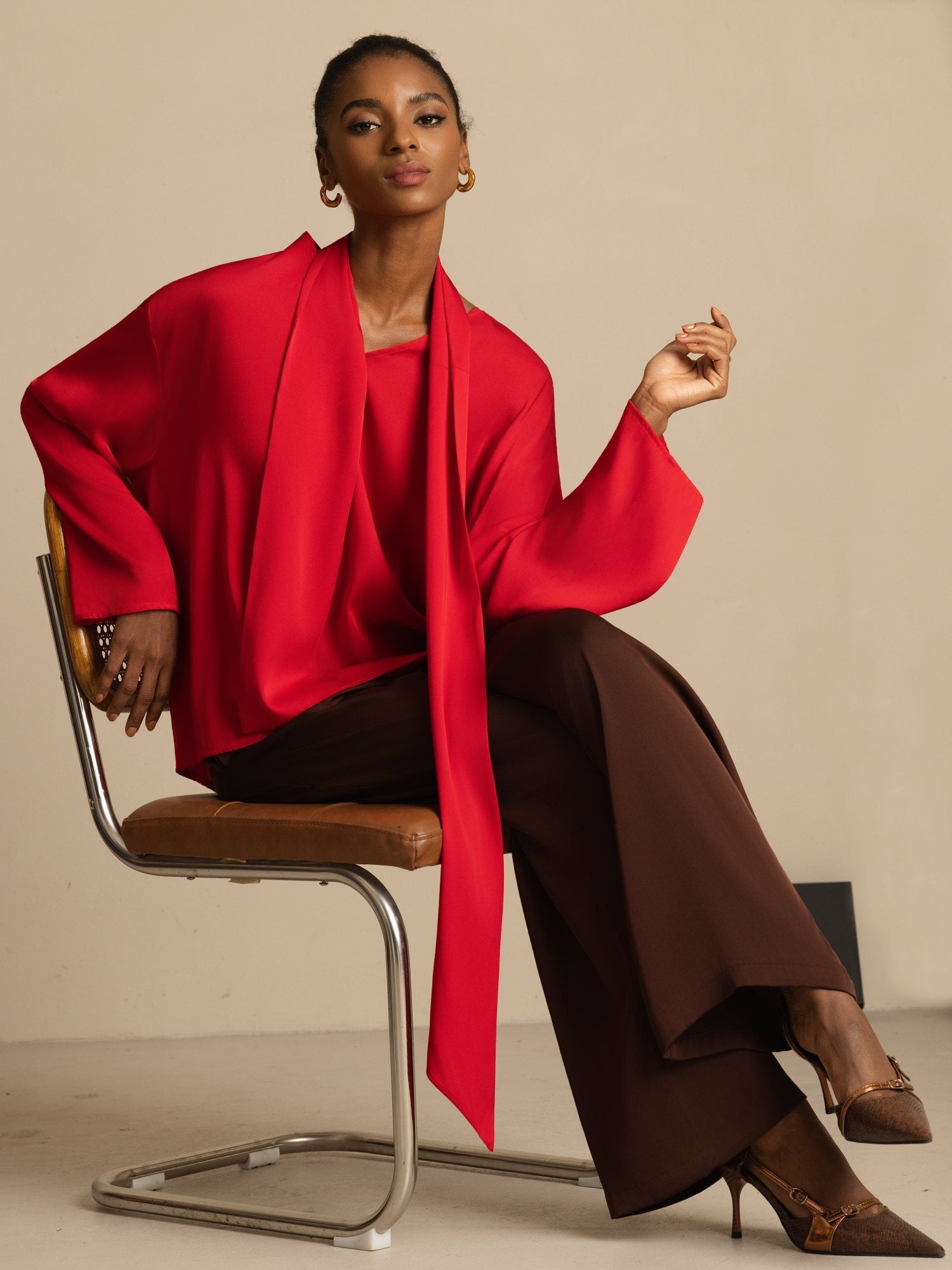 [Rouge Vineux] SilkSilky-FR 19Momme Soie Manches longues Col V Blouse 001