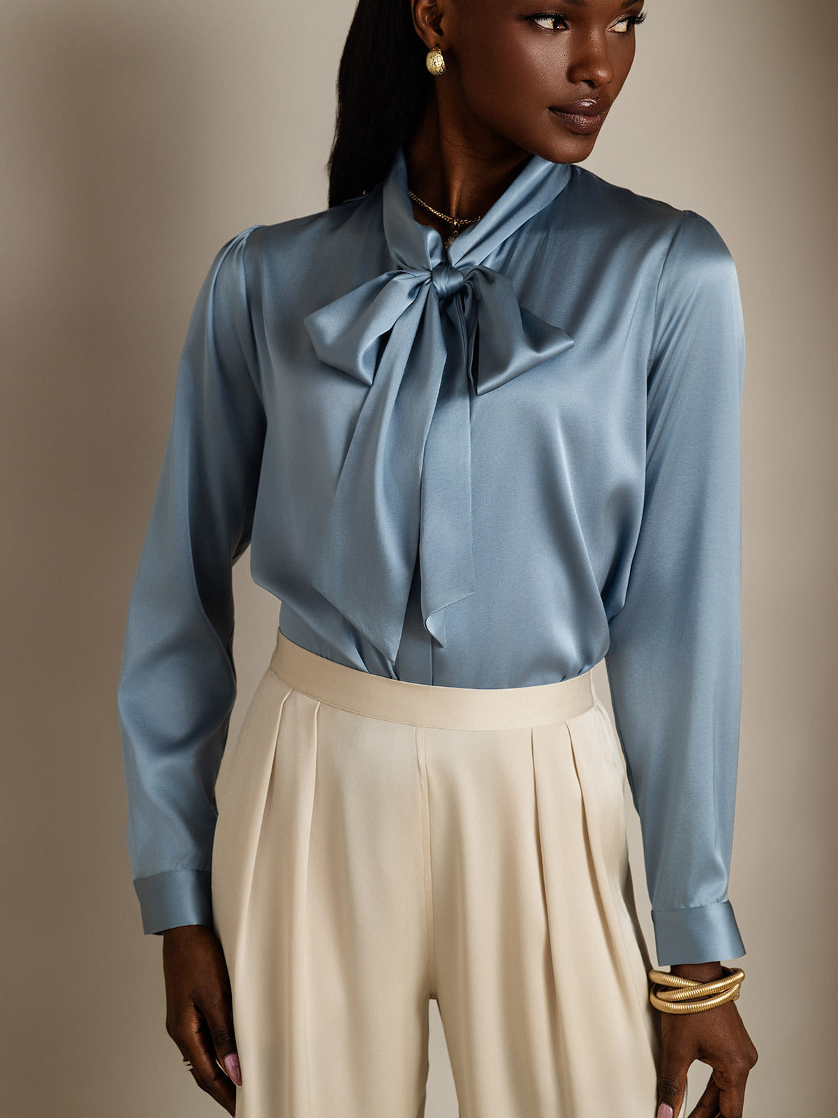 [Bleu Grisâtre] SilkSilky-FR 19Momme Manches longues À Nouer Blouse 006