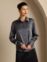 [Gris Foncé] SilkSilky-FR Long Sleeve Lapel Collar Femme Chemise 007