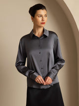 [Gris Foncé] SilkSilky-FR 19Momme Manches longues Col à Revers Femme Chemise 007