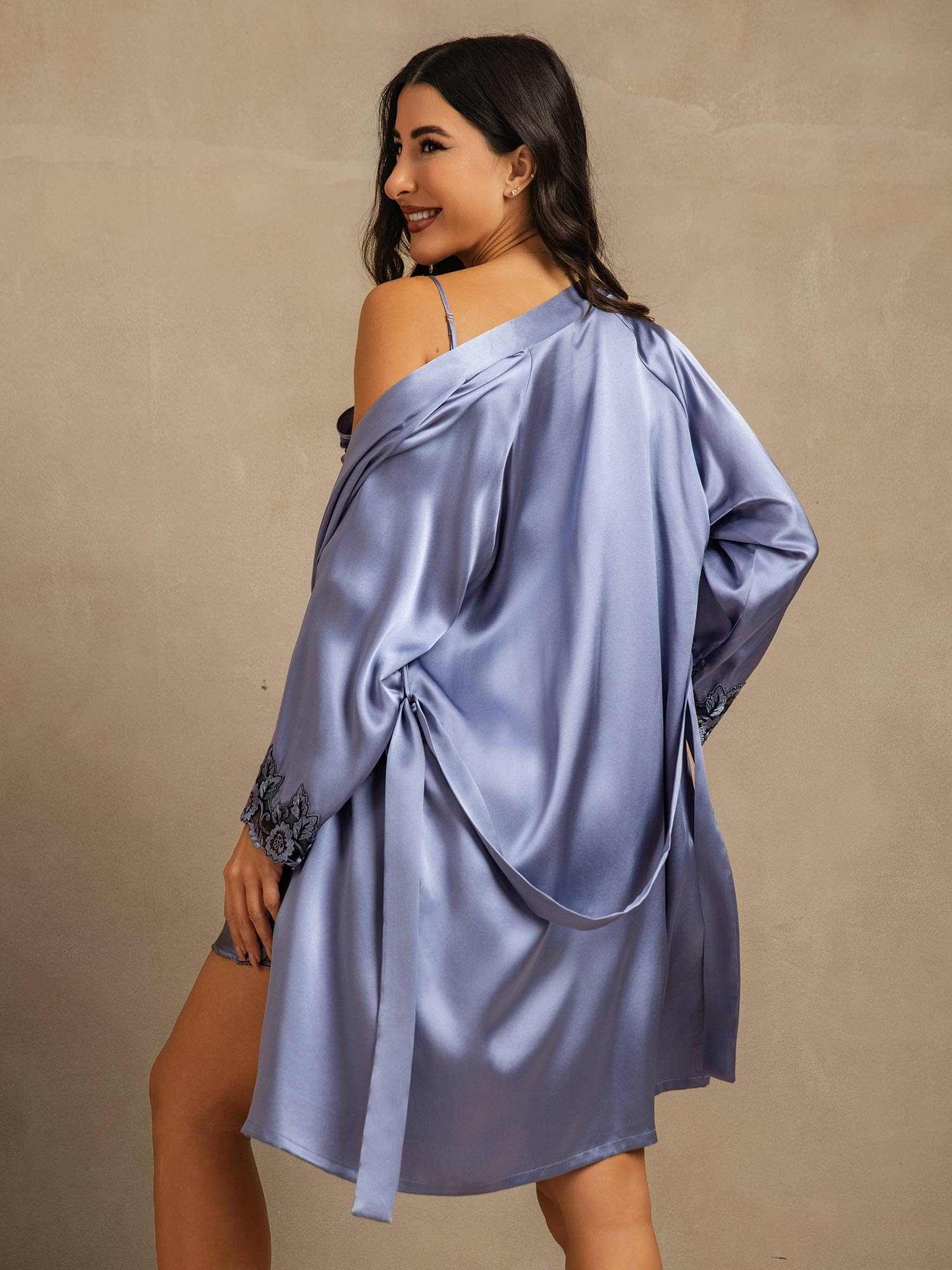[Bleu Acier] SilkSilky-FR Trois-quart Nightgown&Robe Set 002
