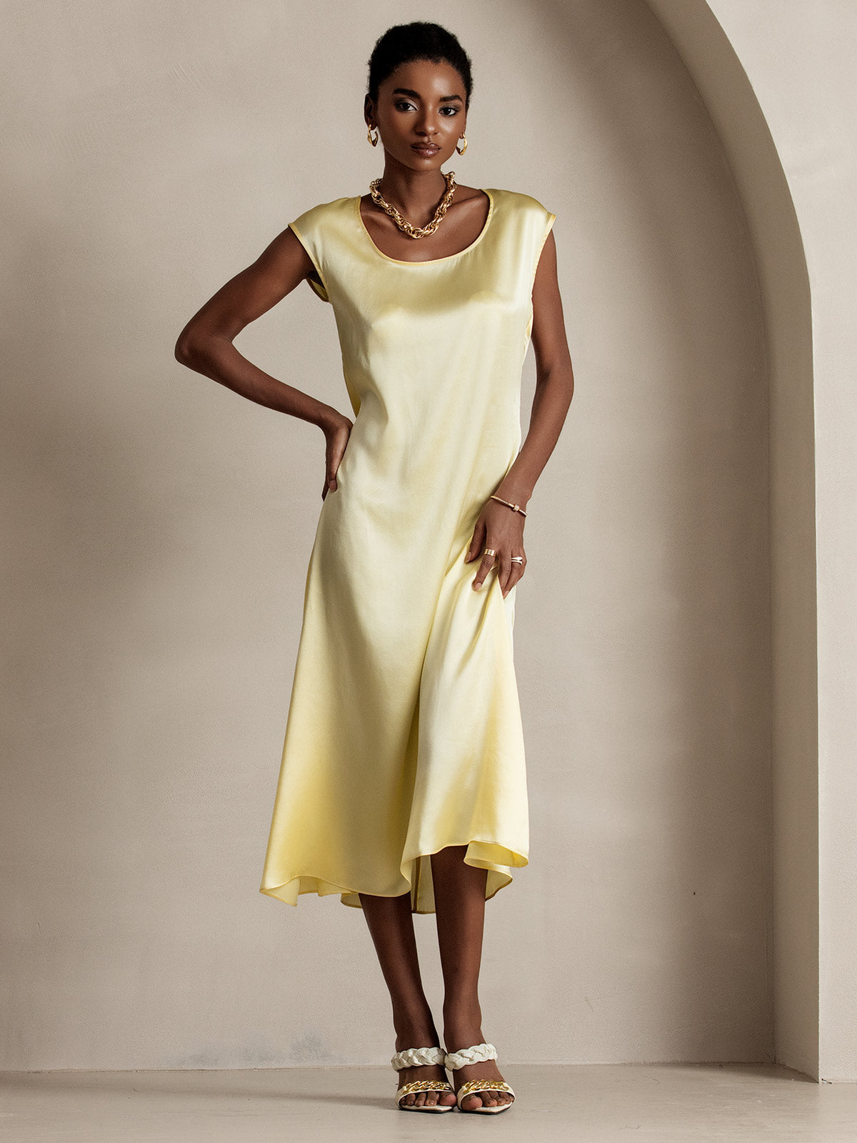 [Jaune Clair] SilkSilky-FR 19Momme Soie Col Rond Robes 003