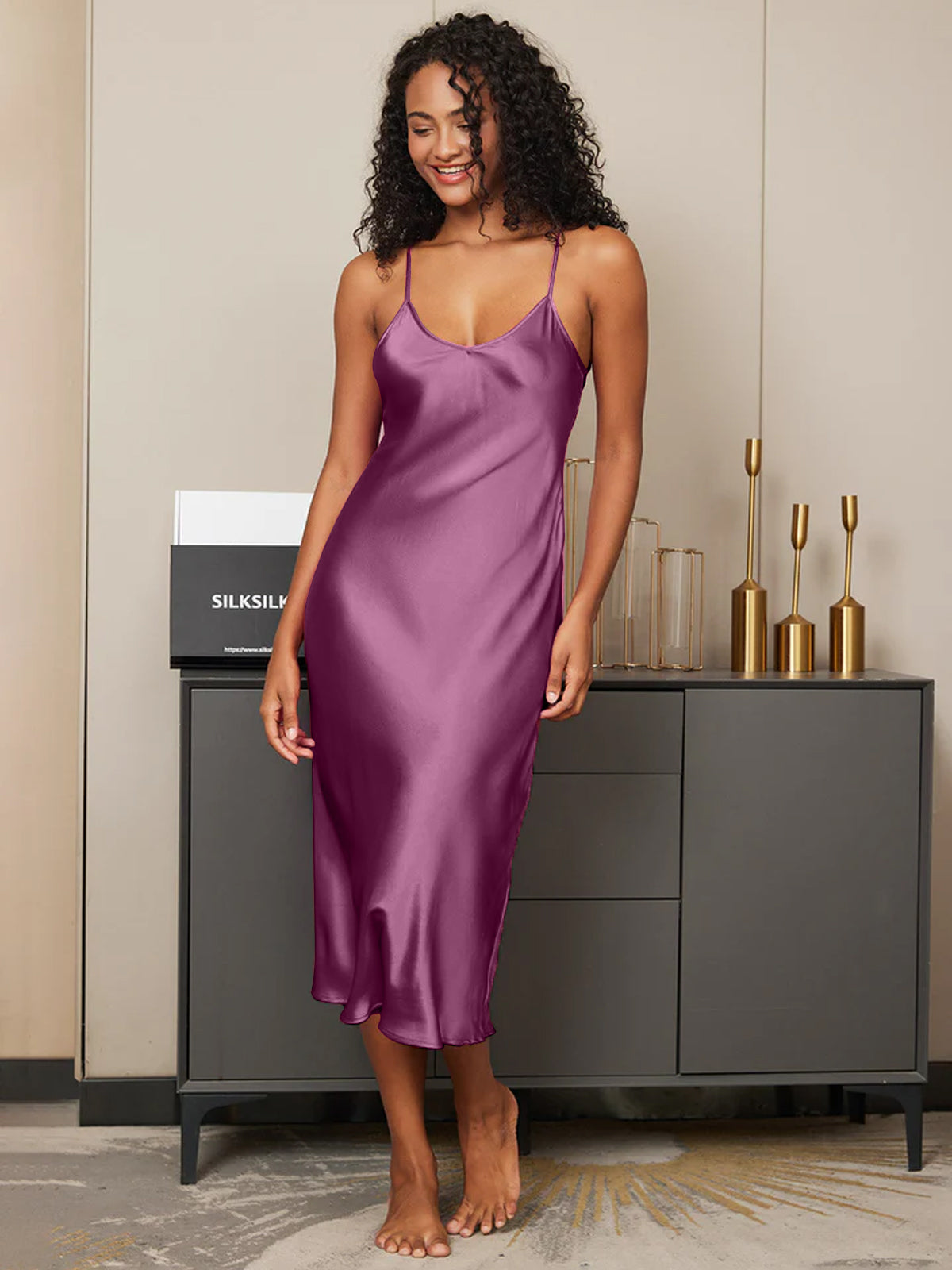 [Violet Foncé] SilkSilky-FR Pure Soie Col Rond Chemises de nuit 003