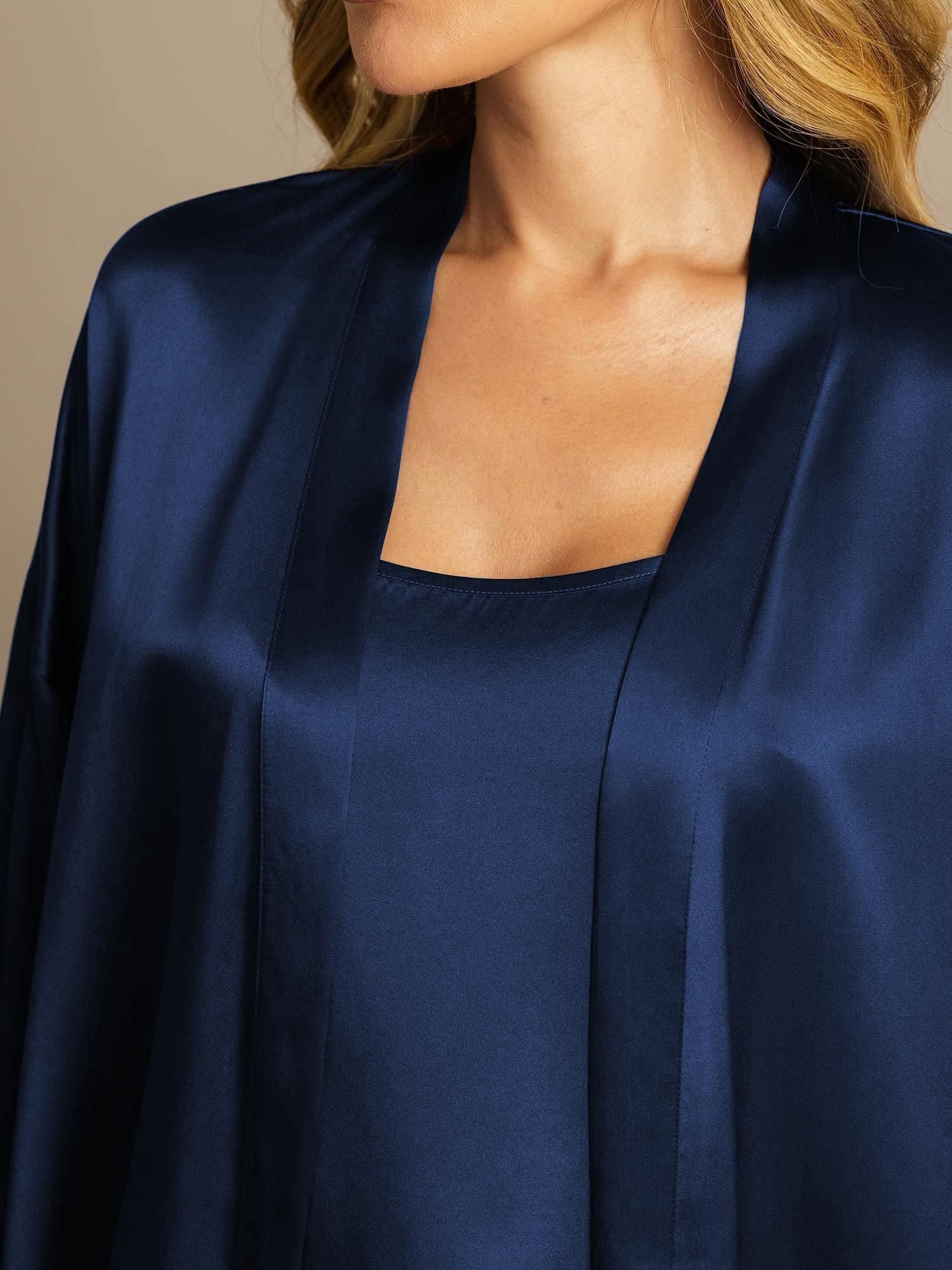 [Bleu Foncé] SilkSilky-FR Soie Nightgown&Robe Set 004,