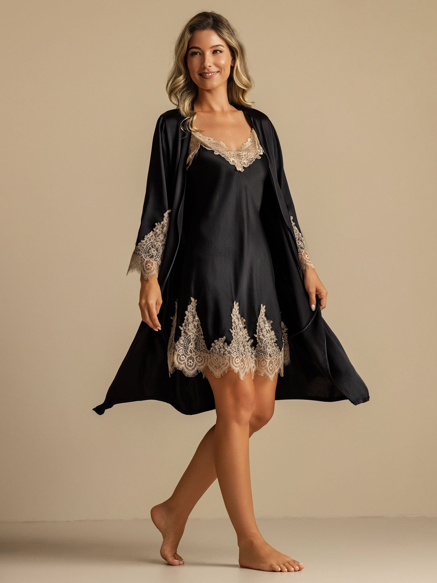 [Noir] SilkSilky-FR Trois-quart Col V Peignoir&Robe de Chambre 001
