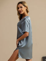 [Bleu Grisâtre] SilkSilky-FR Half Sleeve V Neck Chemises de nuit 004
