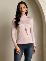 [Rose Corail] SilkSilky-FR Manches longues Col Roulé Femme T-Shirt 001