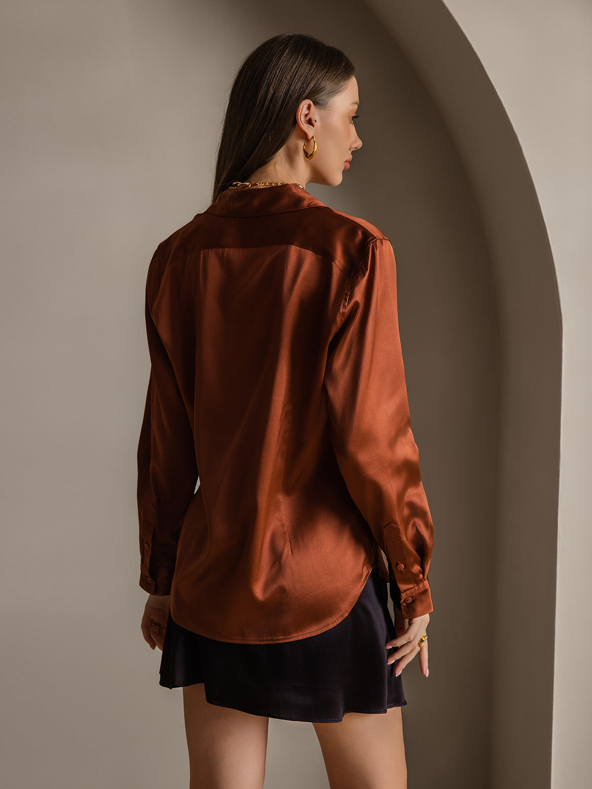 [Caramel] SilkSilky-FR 19Momme Manches longues Col à Revers Femme Chemise 002