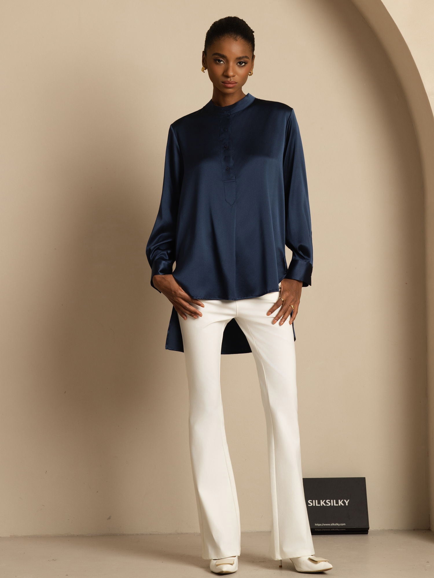 [Bleu Foncé] SilkSilky-FR 19Momme Soie Manches longues Col Montant Blouse 008