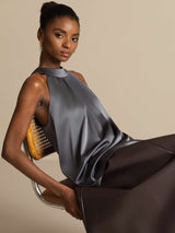 [Gris Foncé] SilkSilky-FR Sleeveless Halter Femme T-Shirt 006
