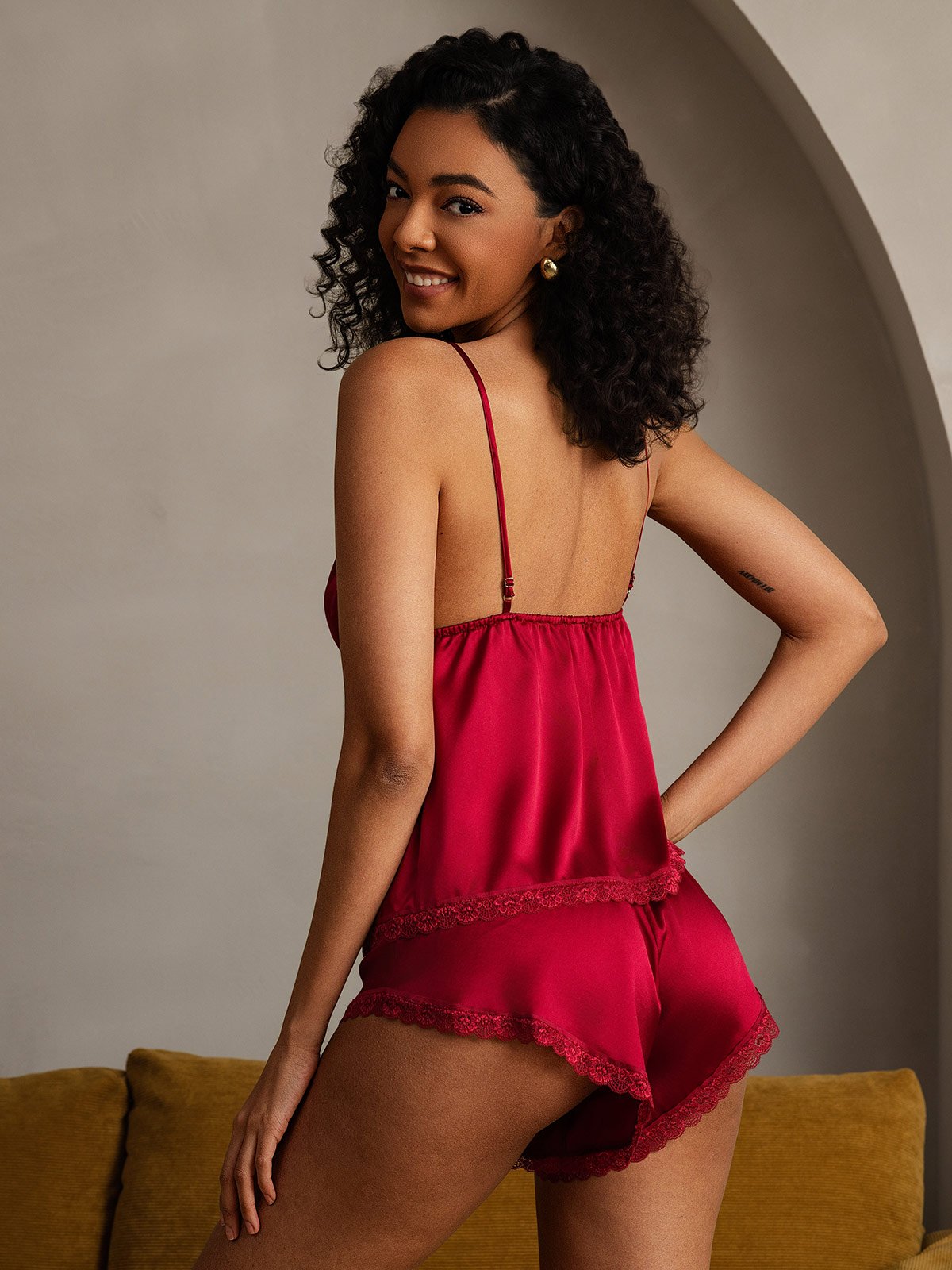 SilkSilky-FR 19Momme Soie Décolleté plongeant Ensemble Camisole RougeVineux 002