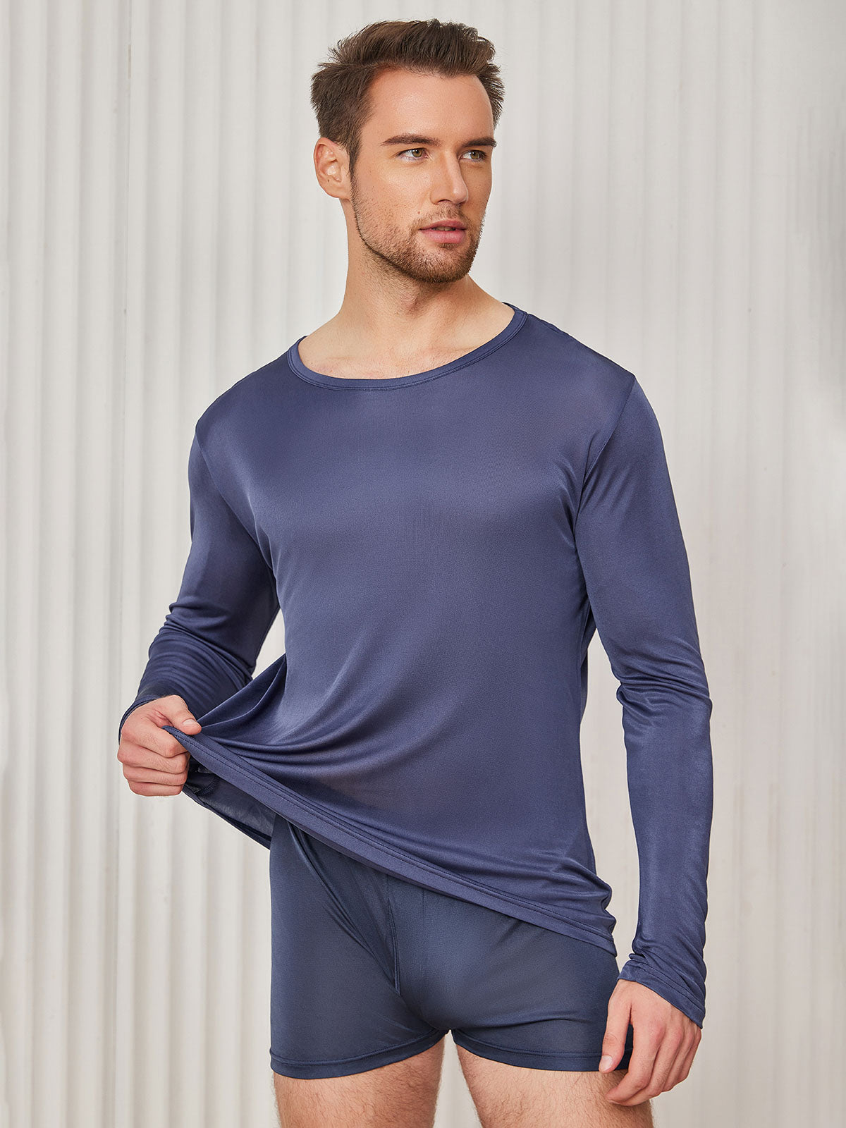 [Bleu Foncé] SilkSilky-FR Soie Tricotée Col Rond Homme T-Shirt 001