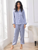 [Bleu Acier] SilkSilky-FR Long Sleeve Lapel Collar Femme Pyjamas 005