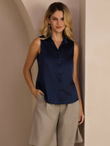[Bleu Foncé] SilkSilky-FR Sleeveless Lapel Collar Femme Chemise 001