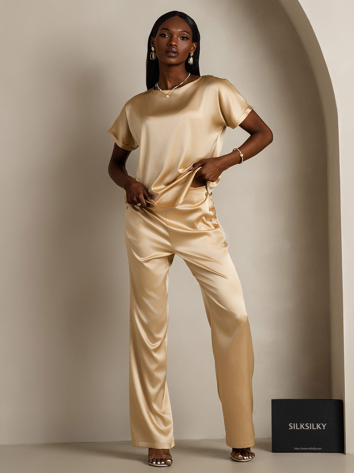 [Champagne] SilkSilky-FR 19Momme Soie Col Rond Femme T-Shirt 006,