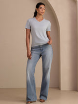 [Bleu Grisâtre] SilkSilky-FR Short Sleeve V Neck Femme T-Shirt 007