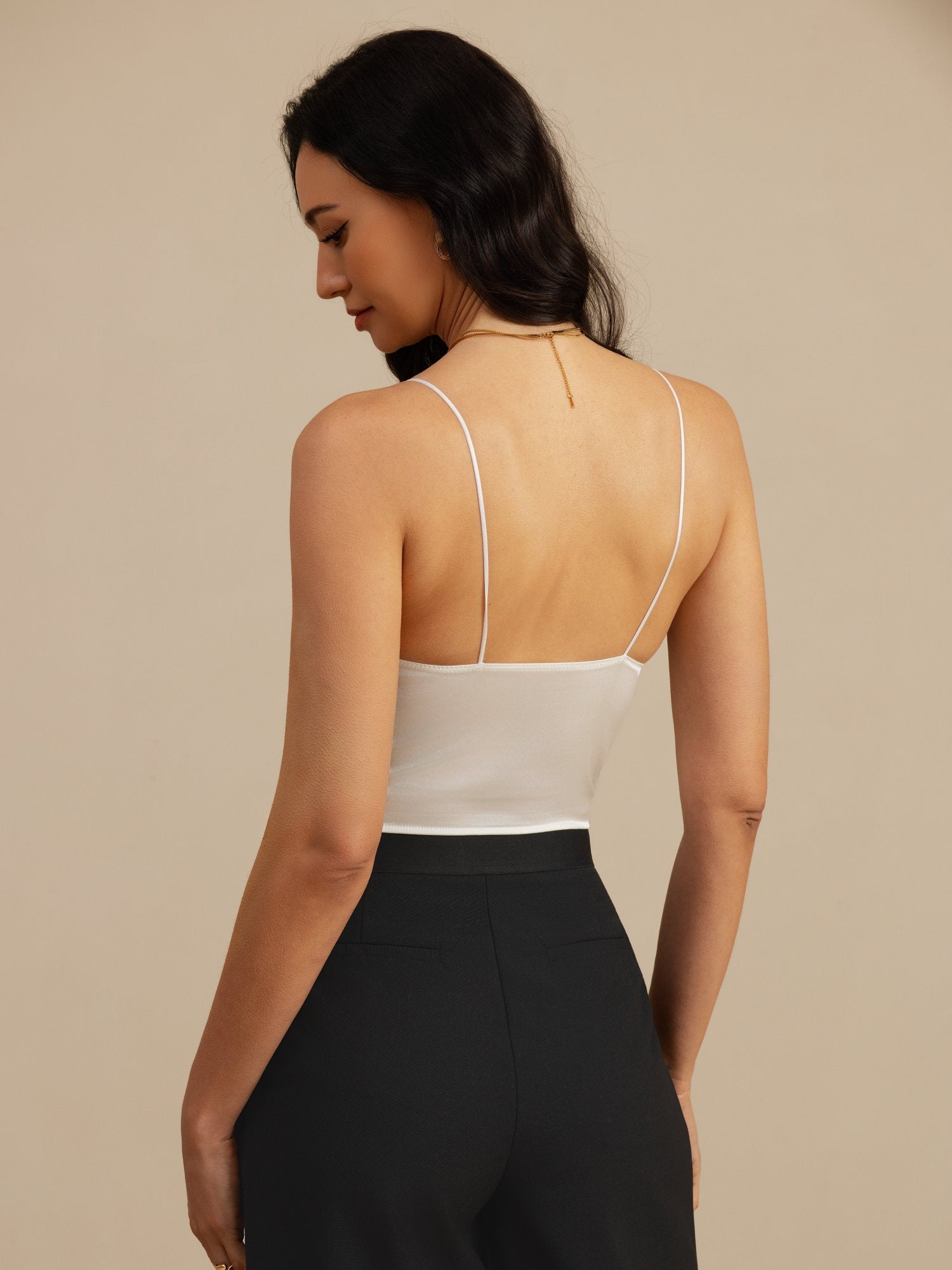 [Blanc] SilkSilky-FR Spaghetti Strap V Neck Top À Fines Brides 002