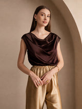 [Chocolat Noir] SilkSilky-FR Cap Sleeve Cowl Neck Femme T-Shirt 003