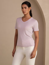 [Lavande] SilkSilky-FR Short Sleeve V Neck Femme T-Shirt 003