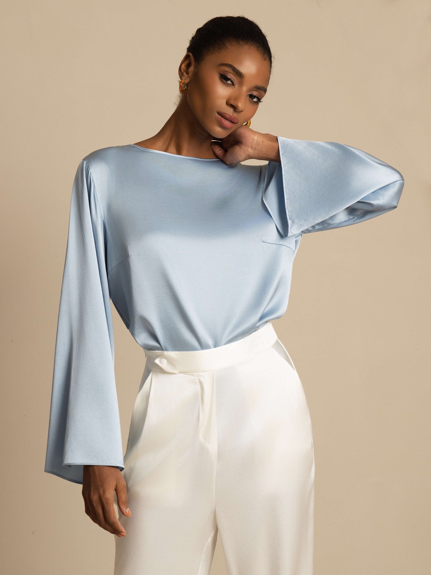 [Bleu Grisâtre] SilkSilky-FR 19Momme Manches longues Col Bateau Blouse 001