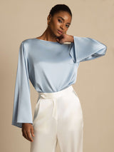 [Bleu Grisâtre] SilkSilky-FR Long Sleeve Boat Neck Blouse 001