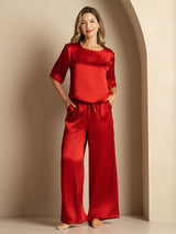 [Rouge Vineux] SilkSilky-FR Half Sleeve Round Neck Femme Pyjamas 001