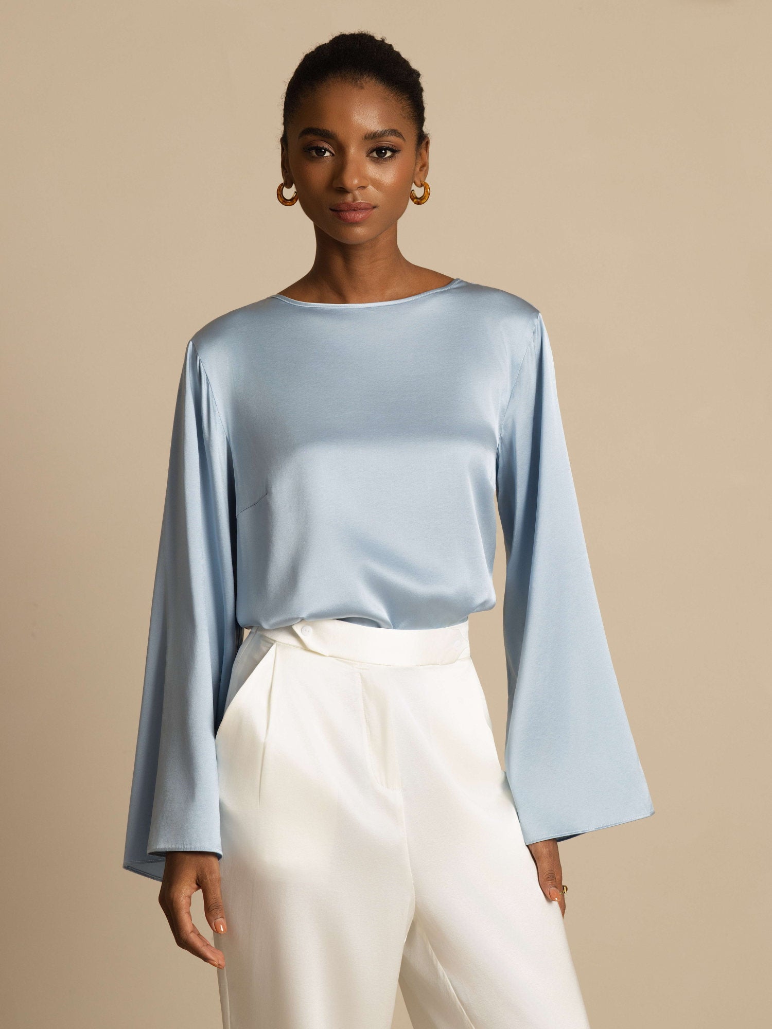 [Bleu Grisâtre] SilkSilky-FR 19Momme Manches longues Col Bateau Blouse 006