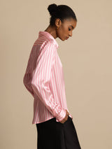 [Rayure Rose] SilkSilky-FR Long Sleeve Lapel Collar Femme Chemise 002