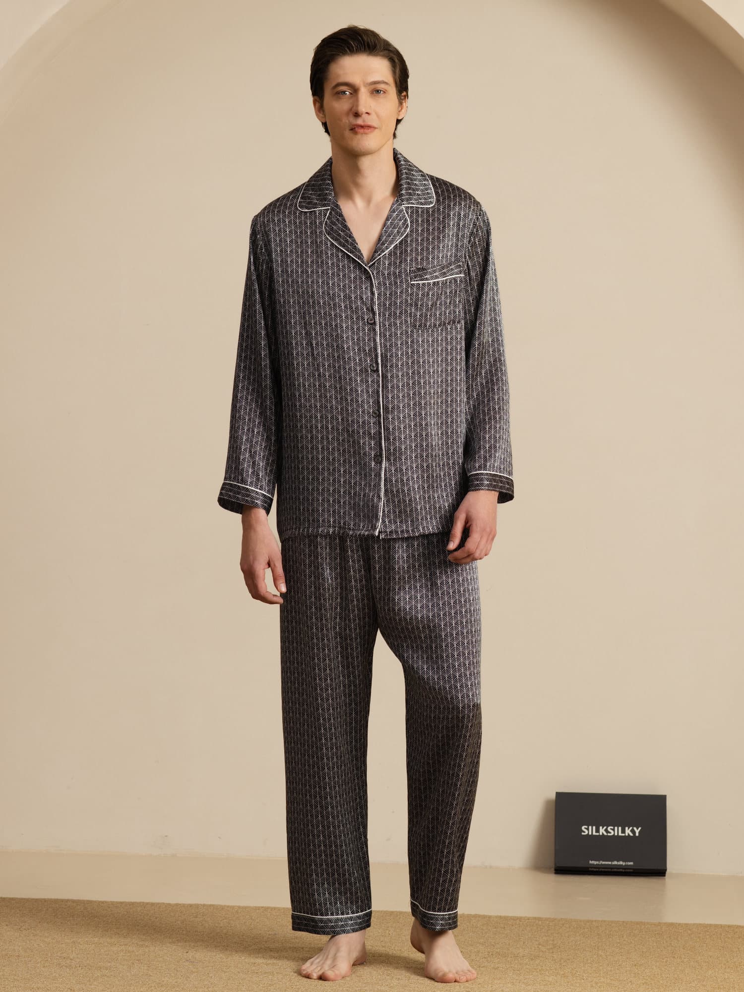 [Ginkgo Noir] SilkSilky-FR 19Momme Manches longues Homme Pyjamas 007