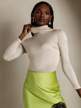 [Beige] SilkSilky-FR Manches longues Col Roulé Femme T-Shirt 003