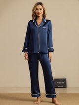 [Bleu Foncé] SilkSilky-FR Manches longues Col Cranté Femme Pyjamas 001