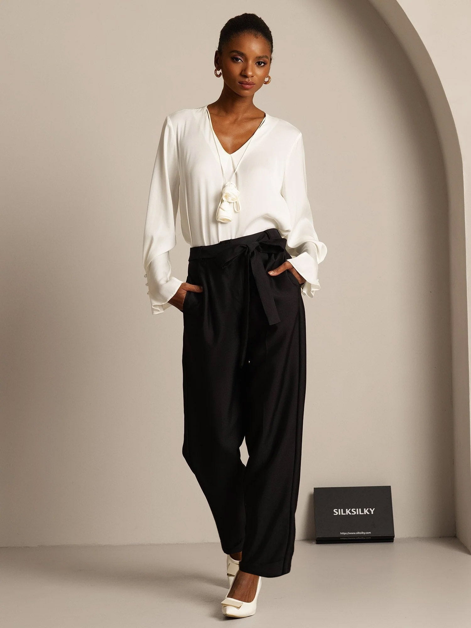 [Noir] SilkSilky-FR 32Momme Soie Womens Pants 003,