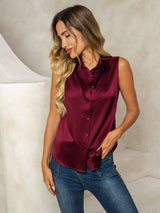 [Rouge Foncé] SilkSilky-FR Sleeveless Lapel Collar Femme Chemise 005