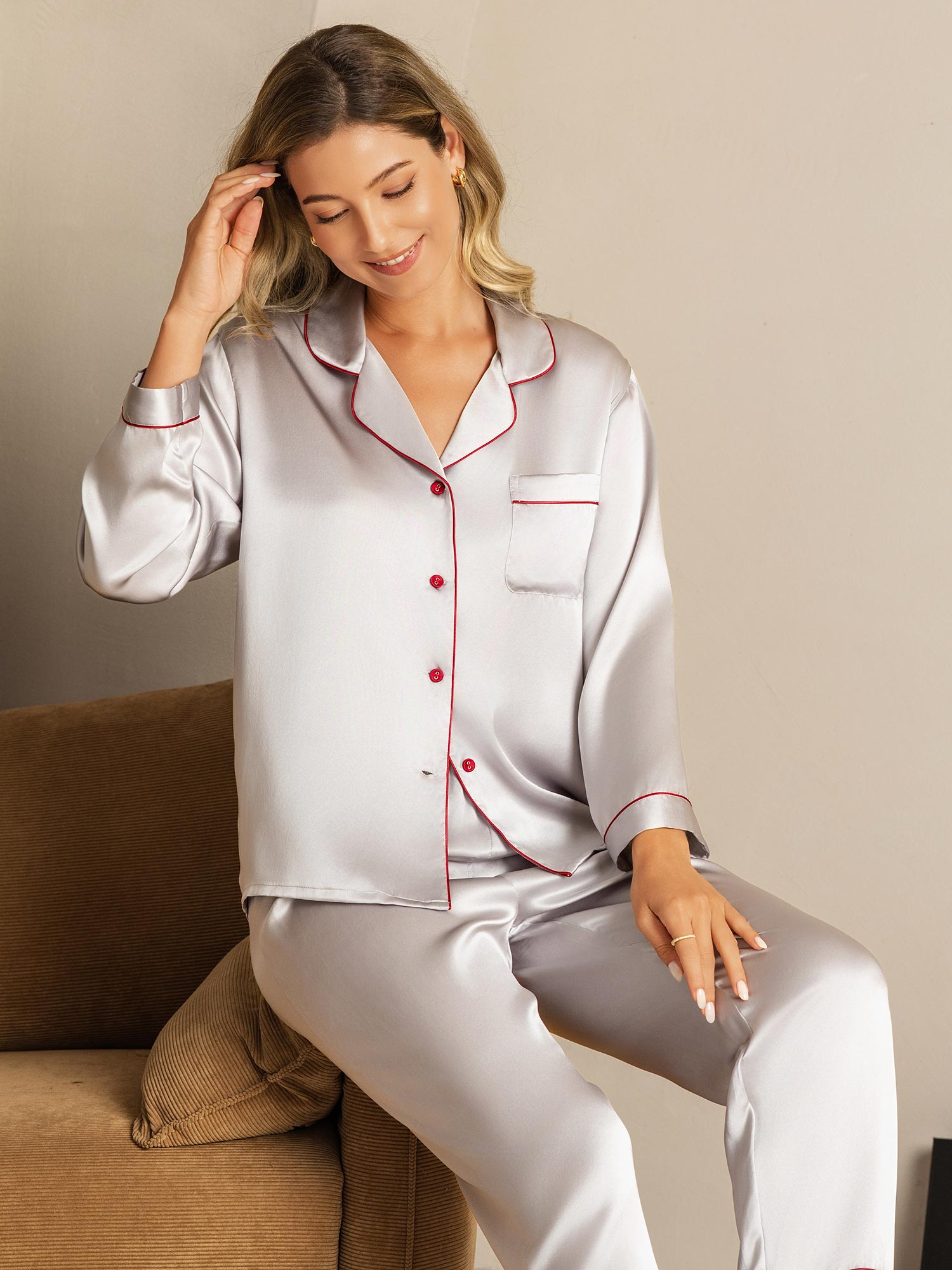 [Argent] SilkSilky-FR Manches longues Col Cranté Femme Pyjamas 007