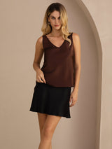 [Café] SilkSilky-FR Sleeveless V Neck Top À Fines Brides 005