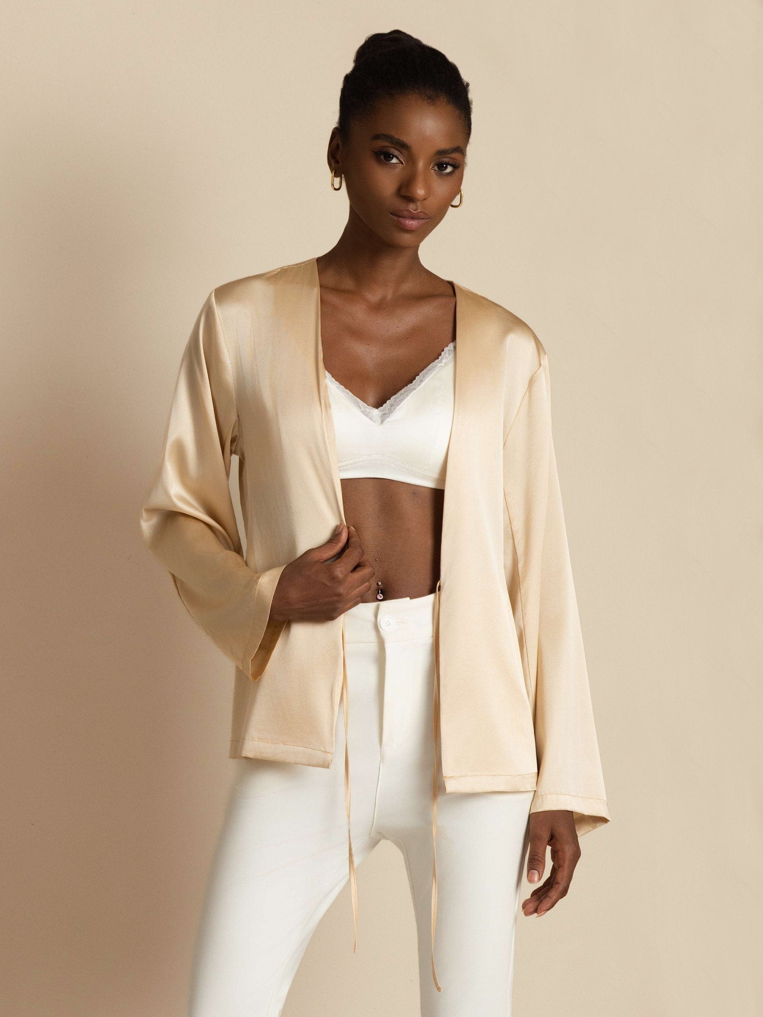 [Champagne] SilkSilky-FR 19Momme Manches longues Femme Manteaux 007