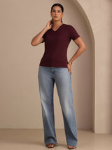 [Rouge Vineux] SilkSilky-FR Short Sleeve V Neck Femme T-Shirt 006