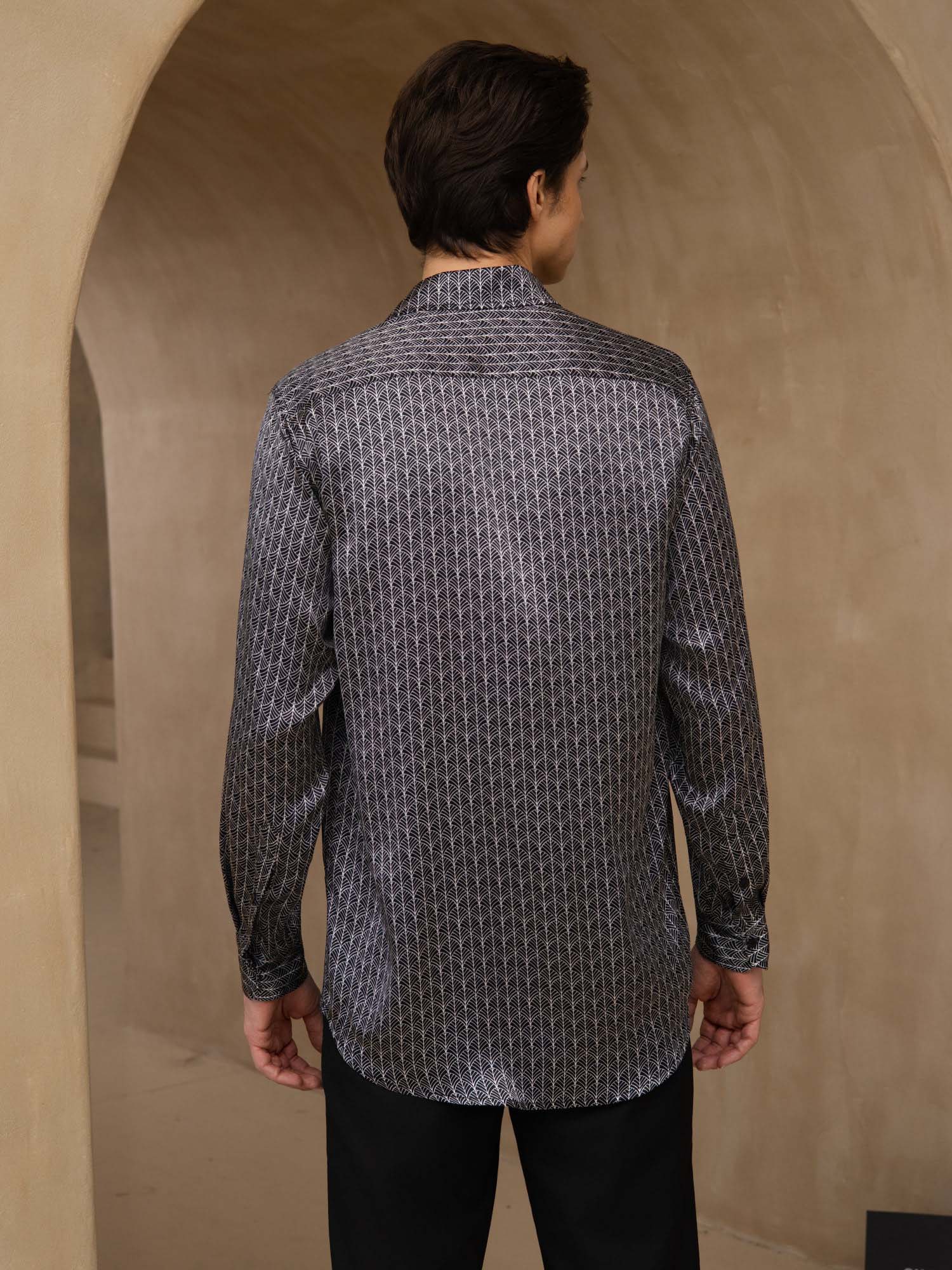 [Ginkgo Noir] SilkSilky-FR Manches longues Col à Revers Homme Chemise 002