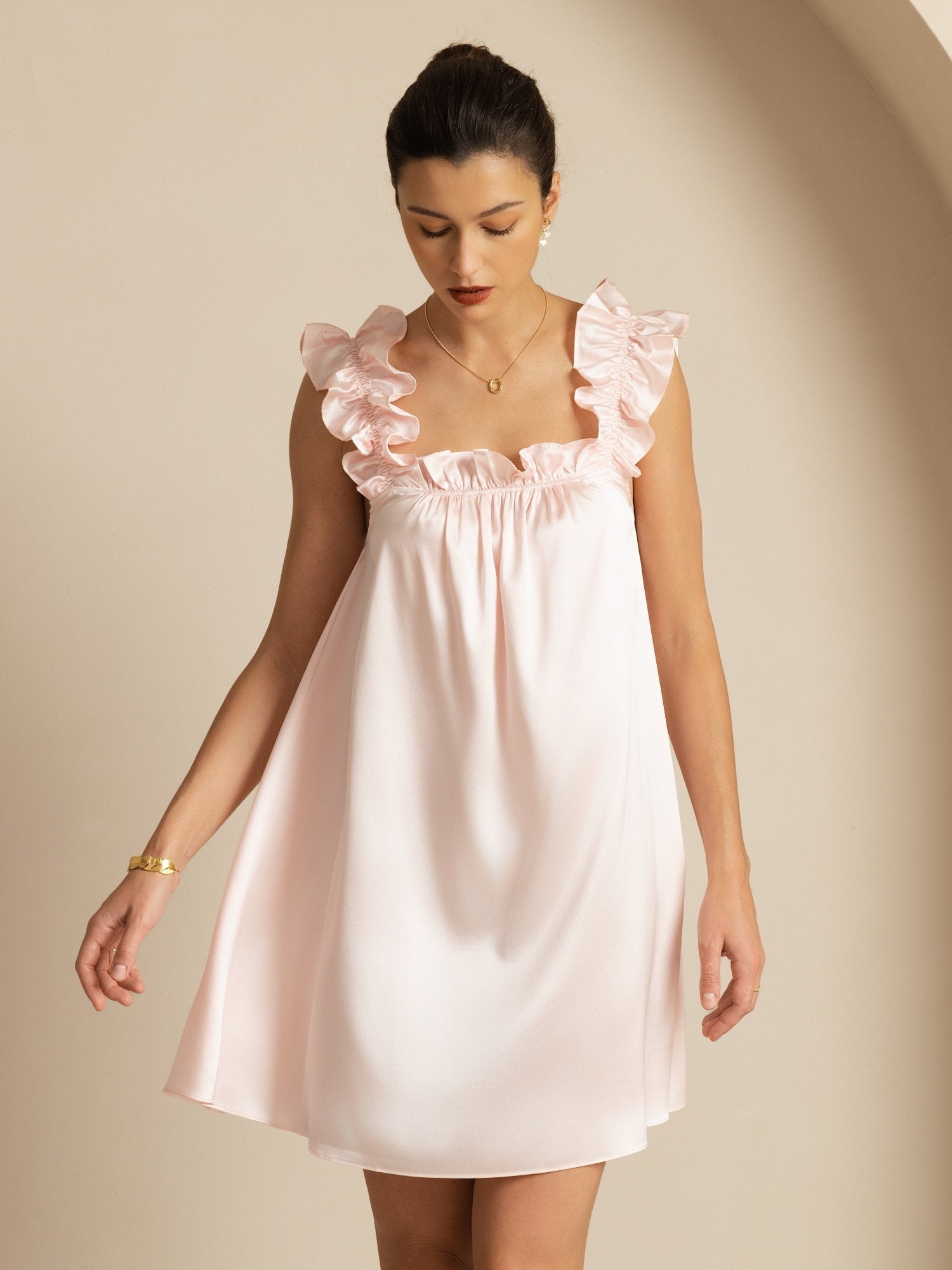 [Rose] SilkSilky-FR Sleeveless Square Neck Chemises de nuit 001