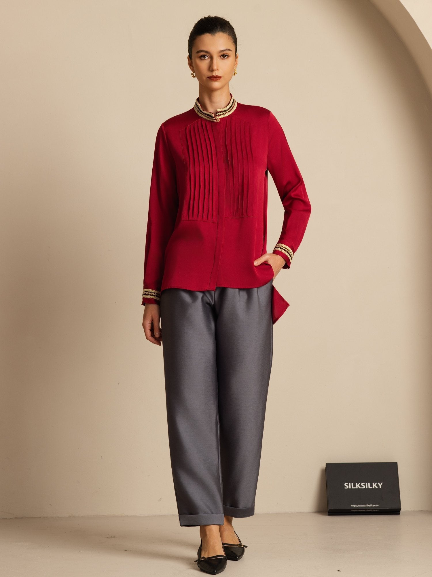 [Rouge Vineux] SilkSilky-FR 19Momme Soie Manches longues Col Montant Blouse 007