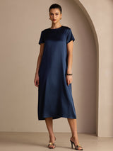 [Bleu Foncé] SilkSilky-FR Short Sleeve Round Neck Robes 001