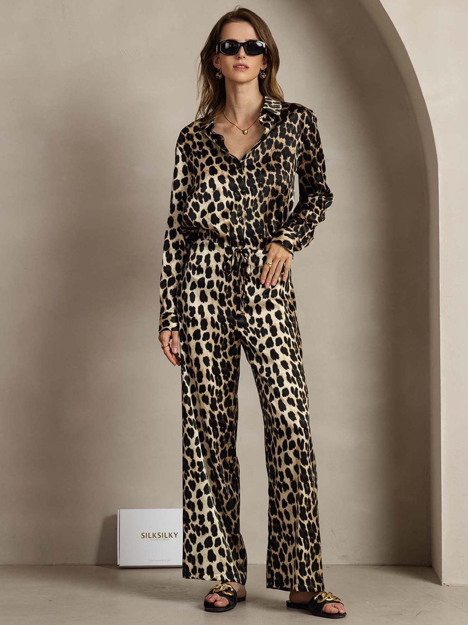 [Leopard] SilkSilky-FR 19Momme Soie Col Chemise Women''s Outfit Sets 001