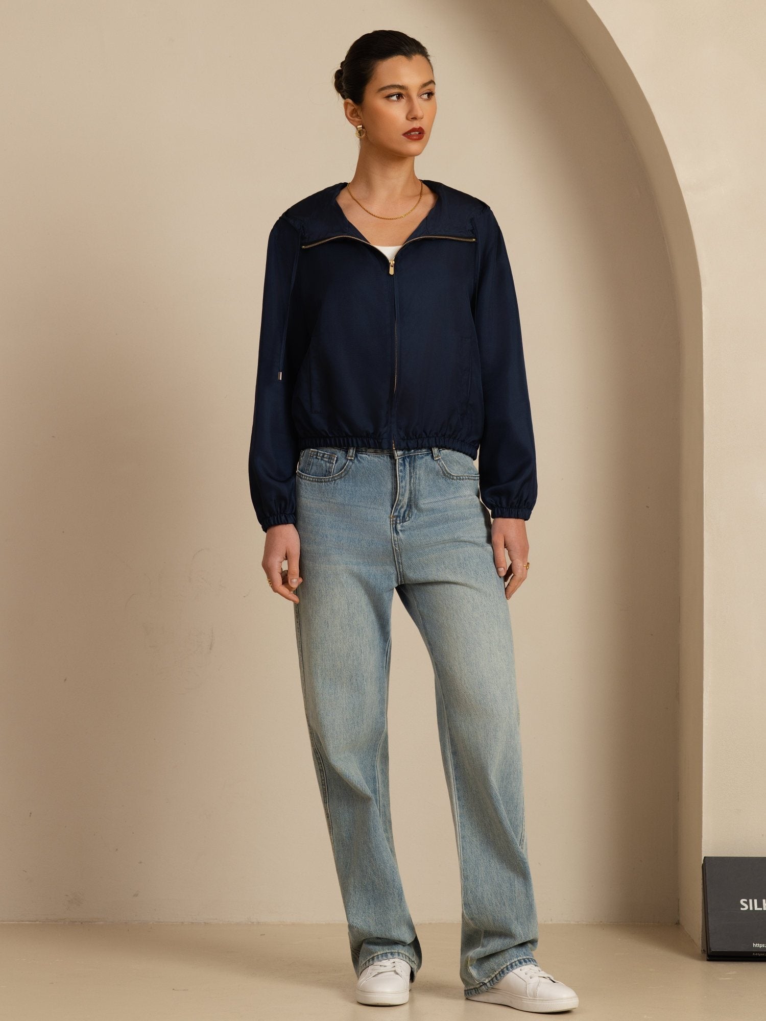 [BleuFoncé] SilkSilky-FR 18Momme Manches longues Col Montant Femme Manteaux 006