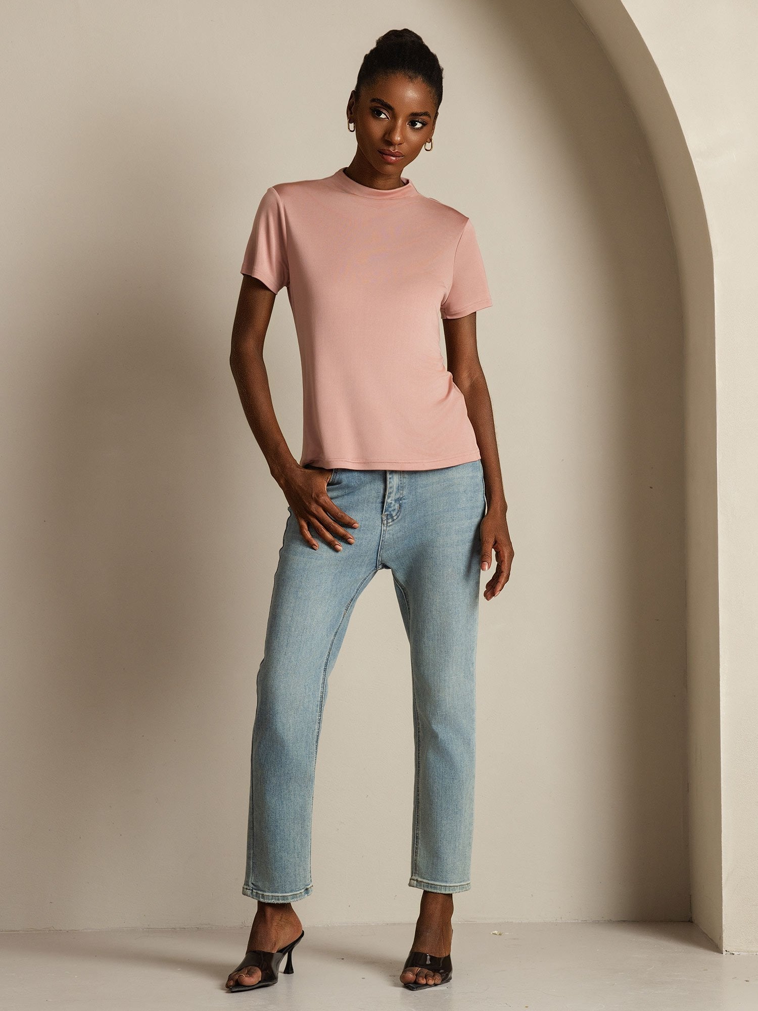 [Rose] SilkSilky-FR Soie Col Chemise Femme T-Shirt 007