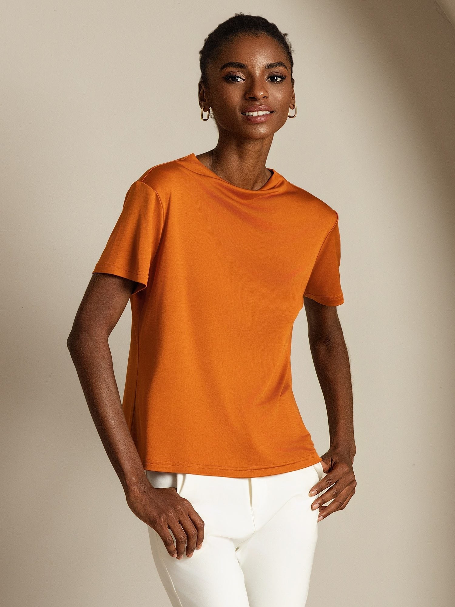 [Orange] SilkSilky-FR Soie Col Chemise Femme T-Shirt 006