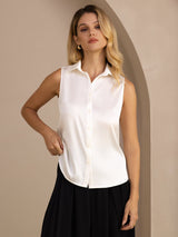 [Blanc] SilkSilky-FR Sleeveless Lapel Collar Femme Chemise 003