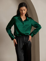 [Vert Foncé] SilkSilky-FR Long Sleeve Lapel Collar Femme Chemise 003
