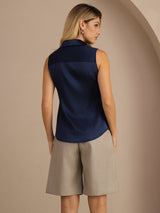 [Bleu Foncé] SilkSilky-FR Sleeveless Lapel Collar Femme Chemise 002